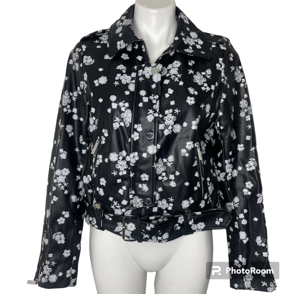 MICHAEL Michael Kors Jackets & Blazers - Michael Michael Kors Moto Jacket M Black White Flowers Floral Faux Leather